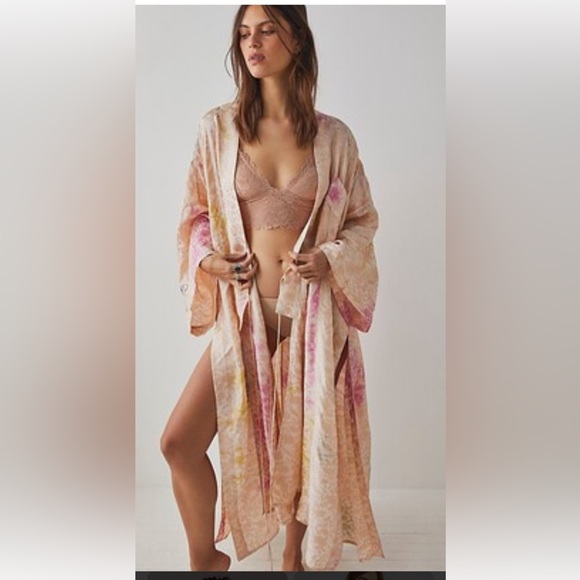 Free People All Night Robe Maxi Embroidered Floral Tie Slit Pink Combo - Picture 2 of 4